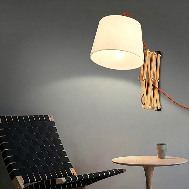 Traditional Vintage Linen Cone Ash Wood Iron Retractable Rotating 1-Light Wall Sconce Lamp for Living Room