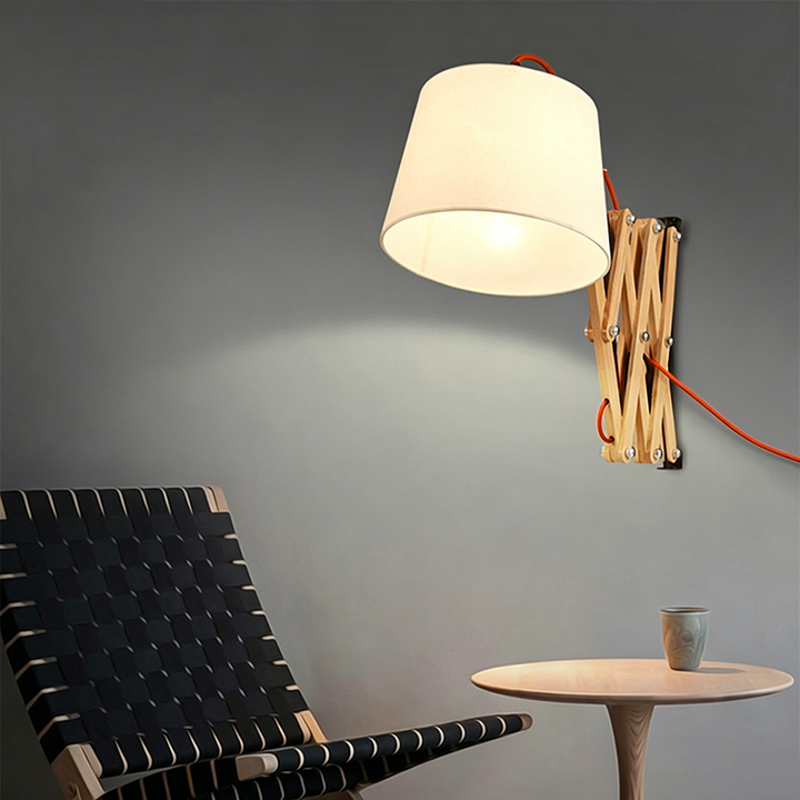 Traditional Vintage Linen Cone Ash Wood Iron Retractable Rotating 1-Light Wall Sconce Lamp for Living Room