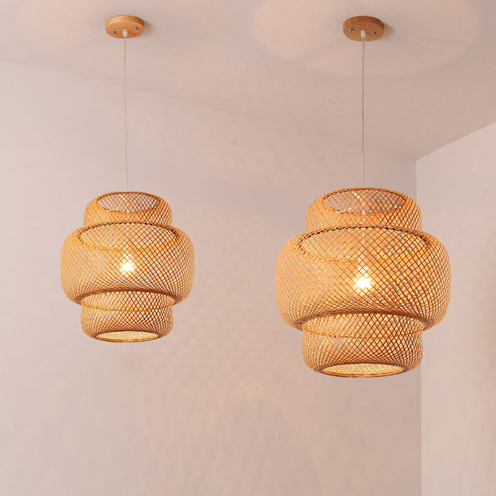 Traditional Japanese Cylinder Bamboo 1-Light Pendant Light For Living Room