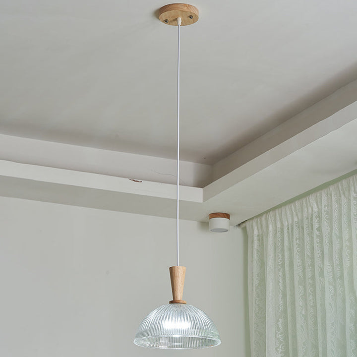 Suspension Luminaire Moderne Minimaliste Rond en Verre à Rayures en Dentelle avec Bois 1-Lumière pour Salon 