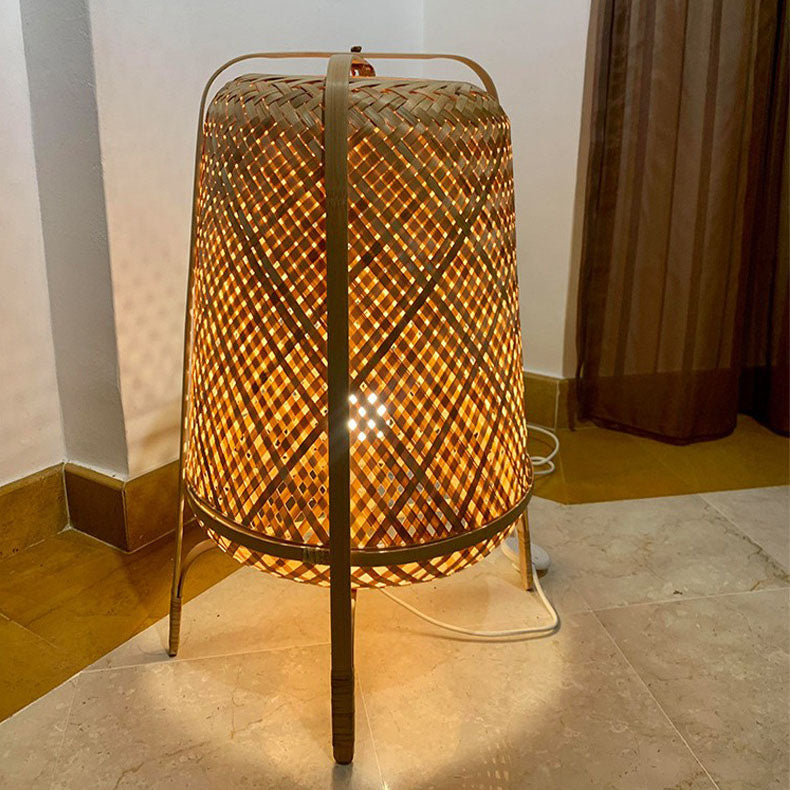 Lampe de sol traditionnelle japonaise cylindrique en bambou tissé à la main 1 lumière pour chambre 