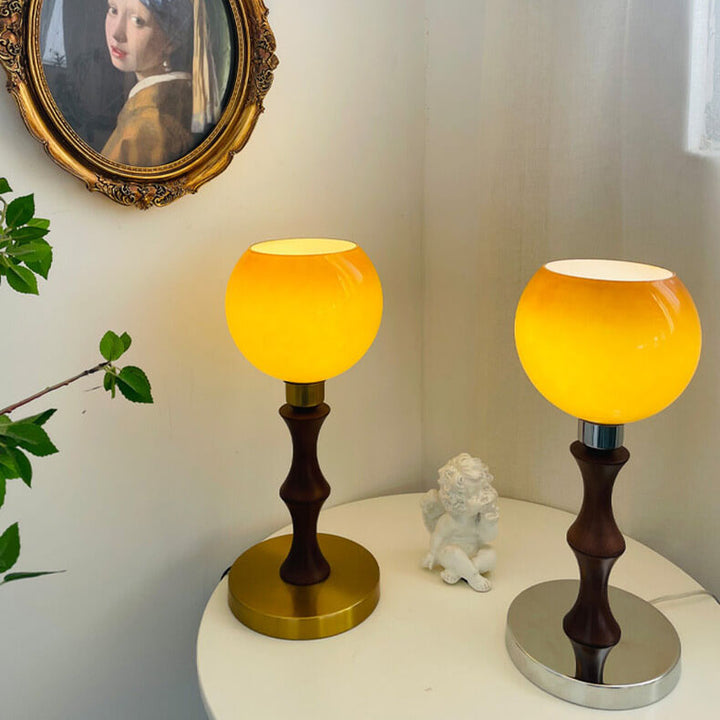 Französische Vintage Kugelglas Holz 1-Licht Tischlampe 