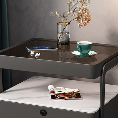 Table de nuit moderne minimaliste rectangulaire en verre trempé avec serrure et 1 tiroir pour chambre 