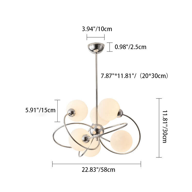 Modern Mid-Century Milk White Glass Iron Ball Chrome Ring 6-Light Chandelier For Living Room