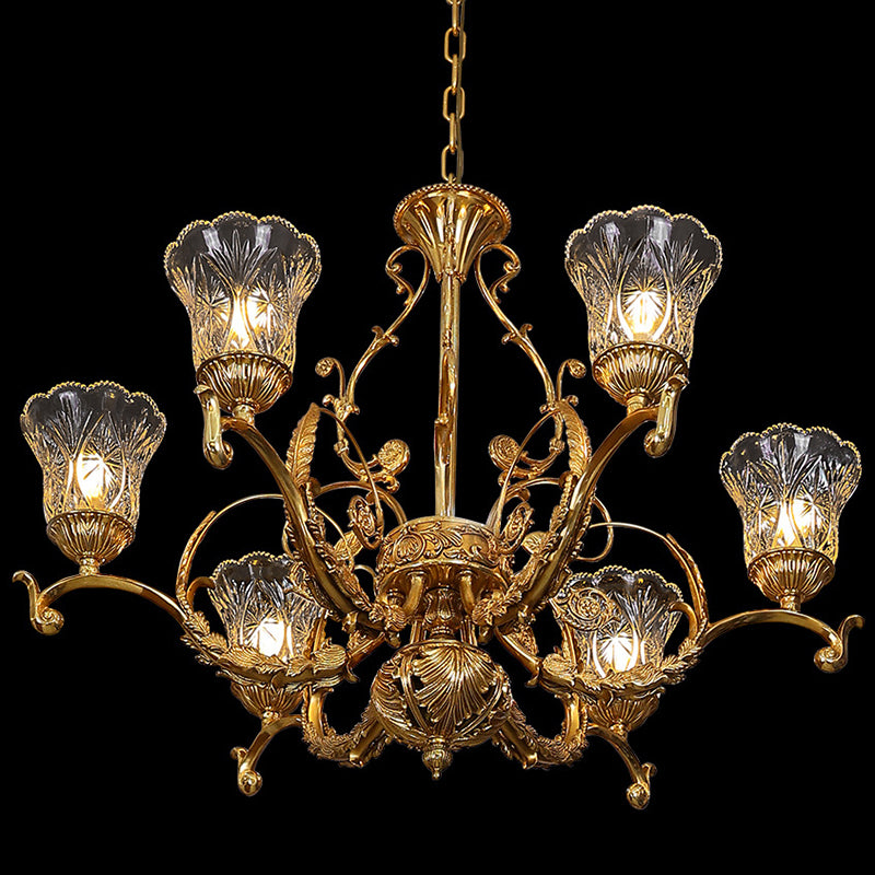 Traditioneller französischer Kronleuchter mit Blumenblattzweig, Glas und Kupfer, 6 Lichter für Schlafzimmer 
