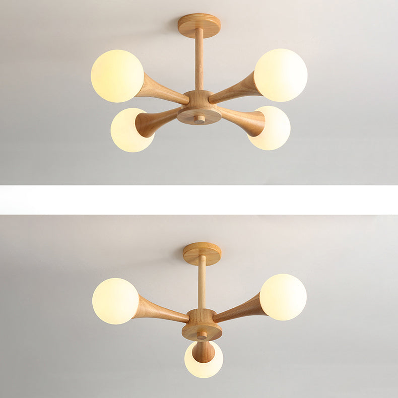 Traditioneller japanischer Holzrahmen-Kronleuchter mit Glas-Magiebohnen, 3/4/5 Lichter, für Wohnzimmer 