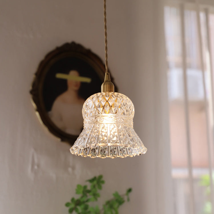 Traditionelle französische florale 1-flammige Pendelleuchte aus Messing und Glas für das Wohnzimmer 