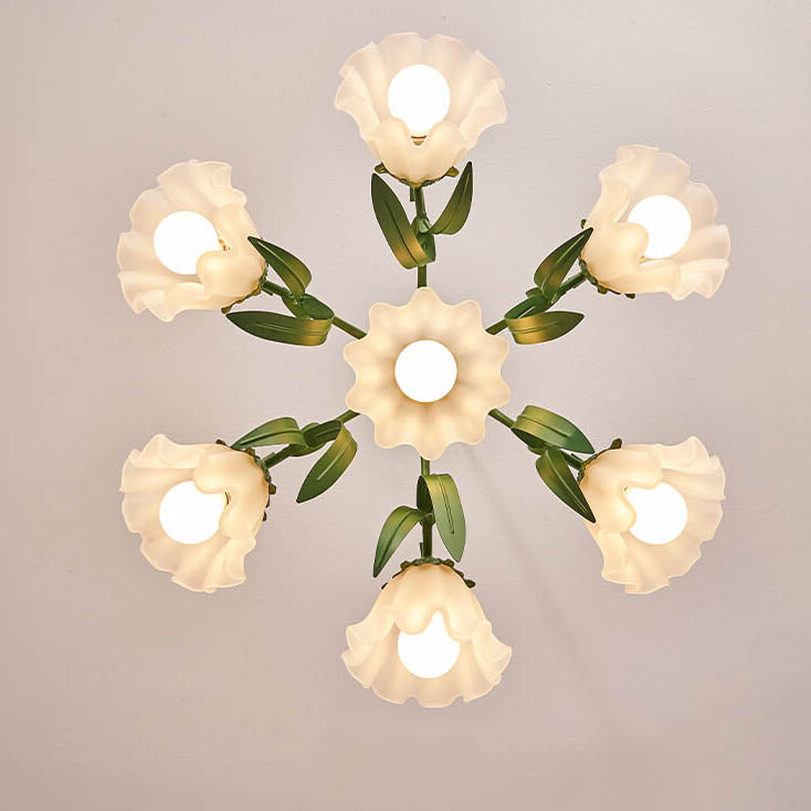 Zeitgenössischer Kreativer Glocken-Orchideenblume Eisen Glas 4/6/7/9 Licht Kronleuchter für Wohnzimmer 