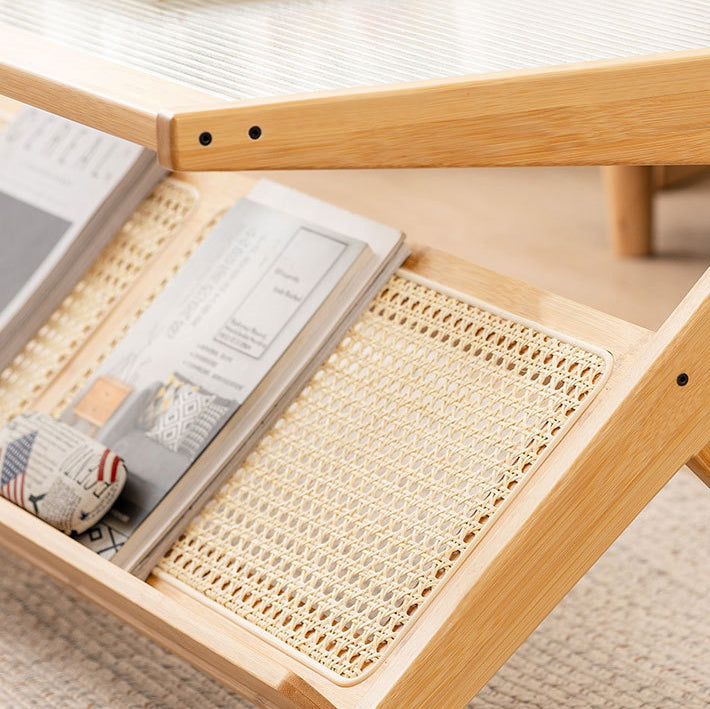 Traditional Japanese Rectangle Z-Shape Bamboo Glass Resin Rattan Weaving Coffee Table For Living Room
