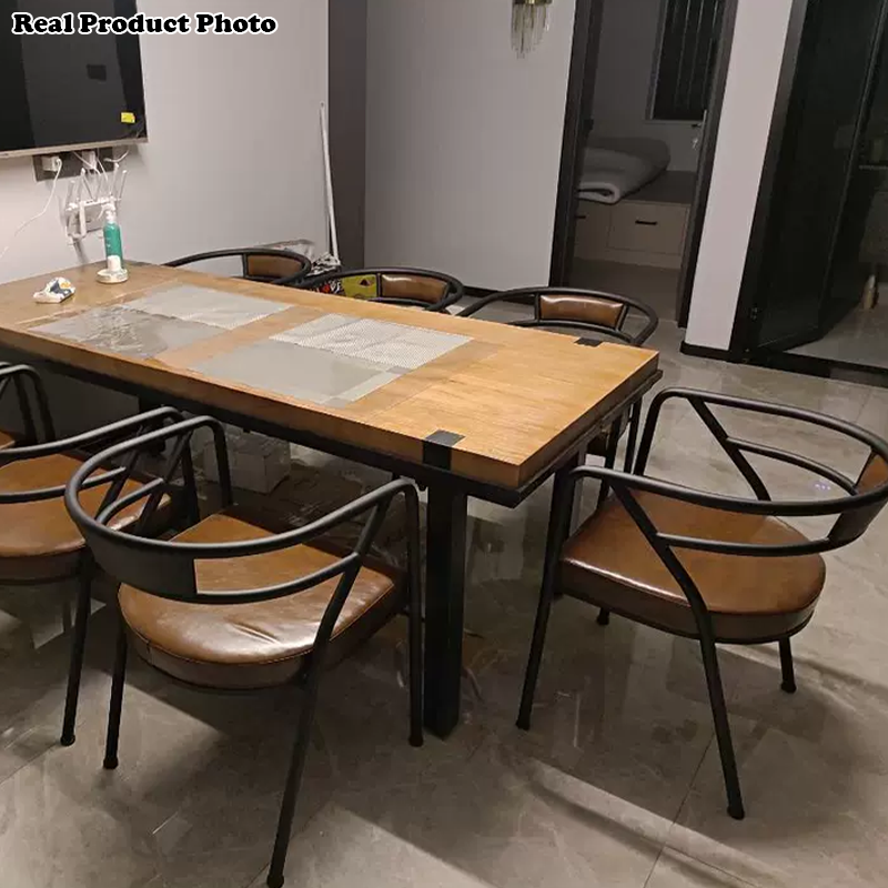Contemporary Industrial Square Upholstered Suede Fabric PU Leather Iron Dining Chair Curved Backrest Armrest for Dining Room