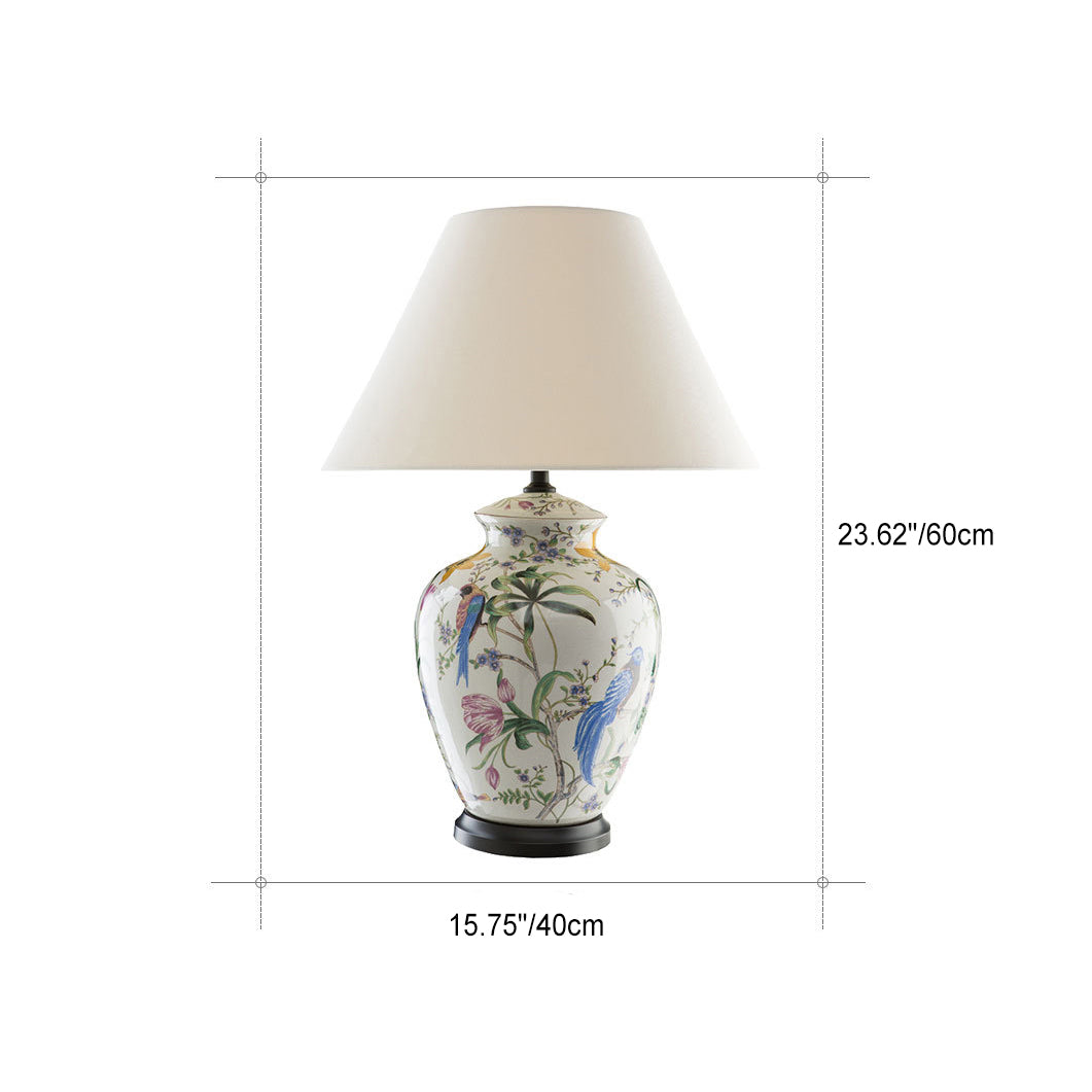 Lampe de table 1 lumière moderne rétro en céramique fleur et oiseau idylliques 