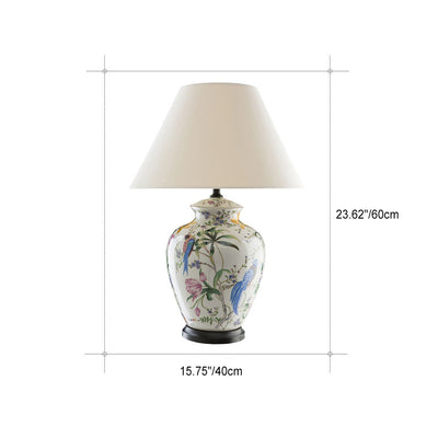 Lámpara de Mesa de 1 Luz con Diseño Retro Moderno de Cerámica Idílica de Flores y Pájaros 