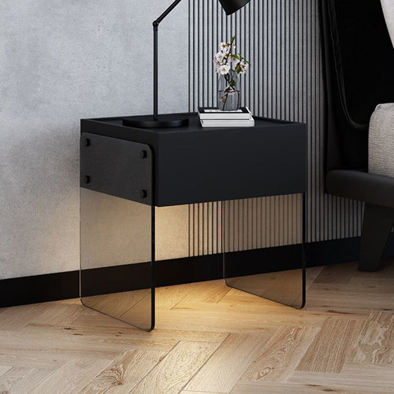 Mesita de noche rectangular moderna y minimalista de madera contrachapada y vidrio con 1 cajón para dormitorio 