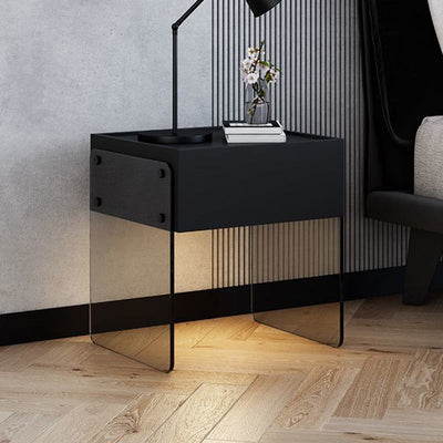 Table de nuit rectangulaire minimaliste moderne en bois avec plateau en verre et 1 tiroir pour chambre 