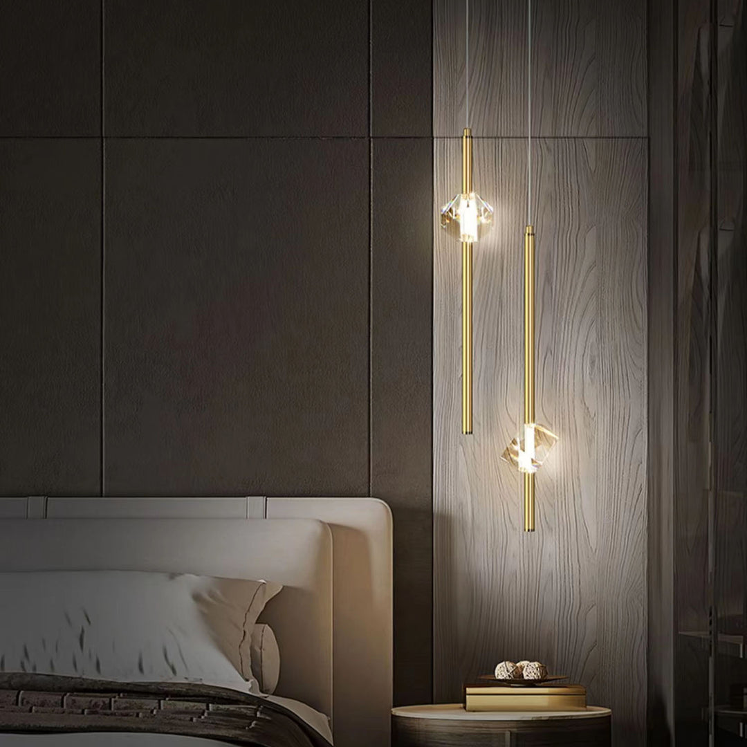 Zeitgenössische Luxus Messing Streifen Blendend Kristall Stein LED Pendelleuchte Für Wohnzimmer 