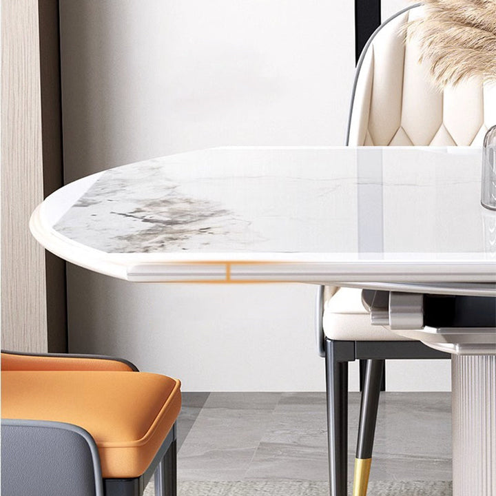Contemporary Nordic Elliptical Rock Slab Oak Wood Glass Dining Table &amp; Chair Set For 4 Seats