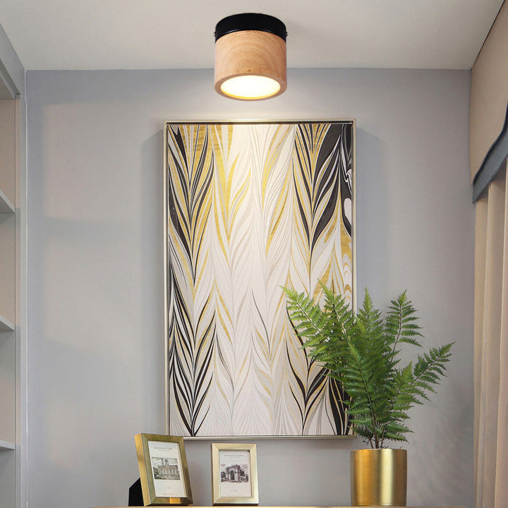 Plafonnier LED cylindrique en bois acrylique traditionnel japonais pour couloir 