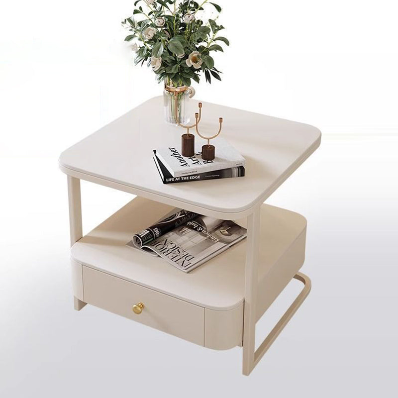 Mesa auxiliar contemporánea nórdica cuadrada de vidrio, metal y madera de 2 niveles para sala de estar 
