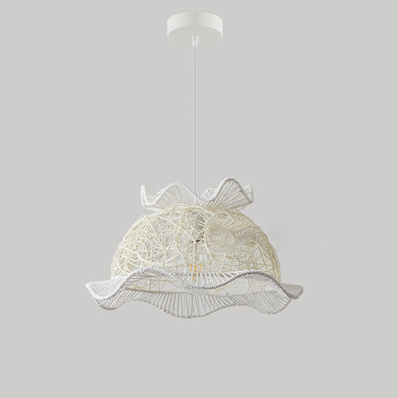 Contemporary Coastal Round Lace Rattan Iron 1-Light Pendant Light For Living Room