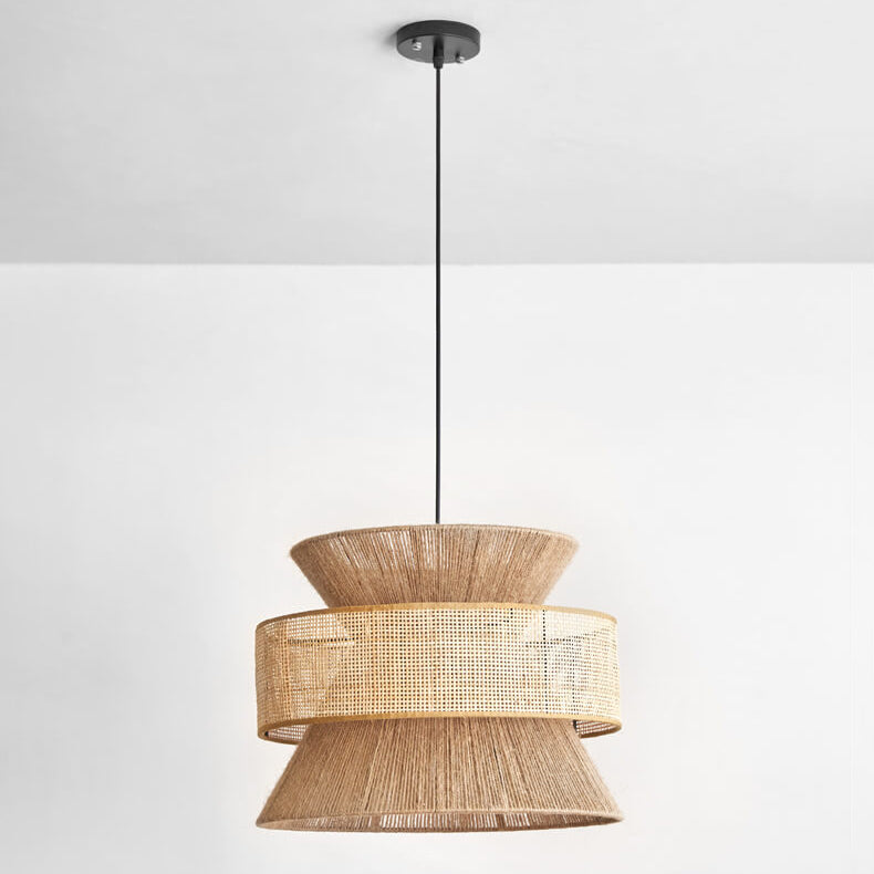 Traditionelle Vintage Zen Rattan Hanf Seil Weben Runde Schatten 1-Licht Pendelleuchte für Wohnzimmer 