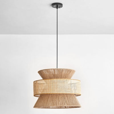 Traditional Vintage Zen Rattan Hemp Rope Weaving Round Shade 1-Light Pendant Light For Living Room