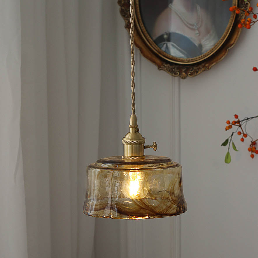 Modern Eclectic Amber Brass Glass Geometric Jar 1-Light Pendant Light For Living Room