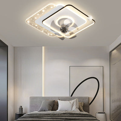 Contemporary Creative Iron Acrylic Round Square LED Semi-Flush Mount Ceiling Fan Light For Bedroom