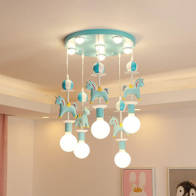 Modern Children's Carousel Eye Protection Resin Iron 1/7/11 Light Flush Mount Ceiling Light