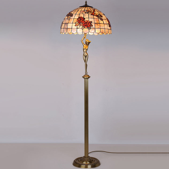 Traditionelle Tiffany Messing Shell Dome Rose Libelle 3-Licht Stehlampe für Wohnzimmer 