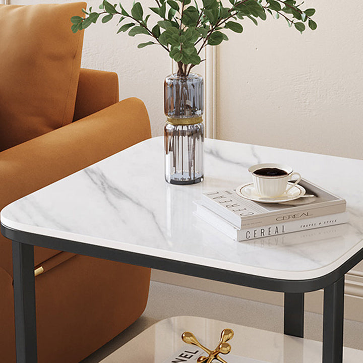 Modern Minimalist Square Sintered Stone Carbon Steel Side Table 2-Tier For Living Room