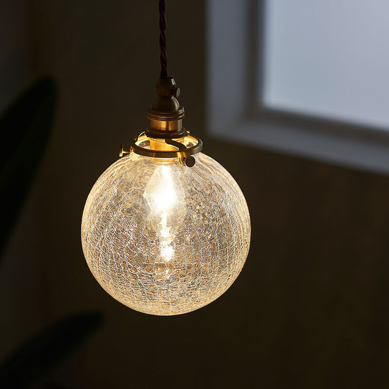 Japanese Vintage Round Crackle Glass Brass 1-Light Pendant Light