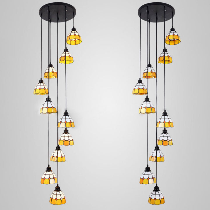 Zeitgenössischer Küstenkronleuchter aus konischem Eisenharz und Buntglas mit 10 Lichtern für das Wohnzimmer 