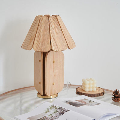 Japanese Wabi-Sabi Style Umbrella-Shaped Wood Brass Base 1-Light Table Lamp