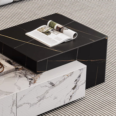 Mesa de café de madera rectangular cuadrada minimalista moderna con placa de piedra y 4 cajones para sala de estar 