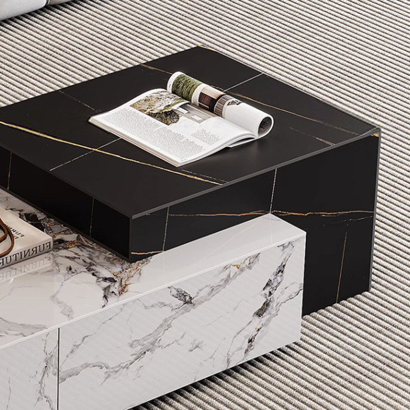 Mesa de café de madera rectangular cuadrada minimalista moderna con placa de piedra y 4 cajones para sala de estar 