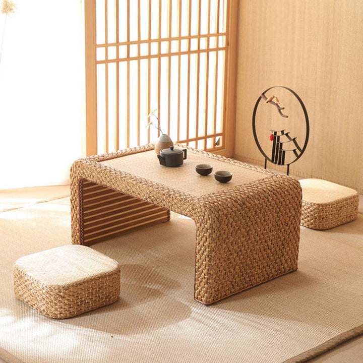 Mesa de café de tatami con marco de madera rectangular de ratán japonés tradicional para sala de estar 