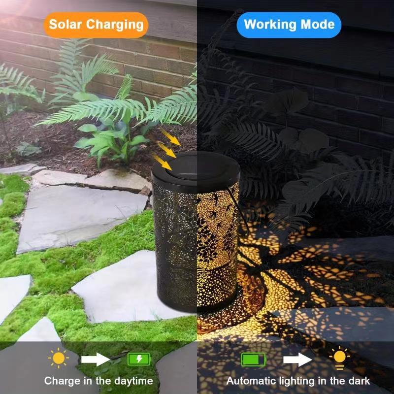 Traditional Farmhouse Solar Waterproof Iron Cylinder Tree Hollowed LED Hanging Landscape Lighting Outdoor Light For Garden