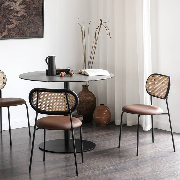 Contemporary Nordic Round PU Leather Faux Rattan Weaving Iron Chair Backrest For Living Room