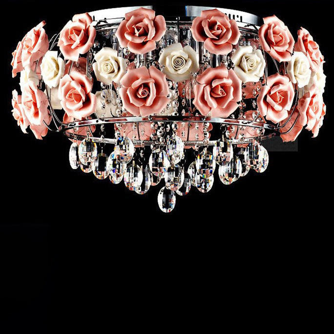 Moderne Minimaliste Rose Ronde Cristal Branche Cristal Fer 5/6 Lumière Plafonnier Pour Chambre 