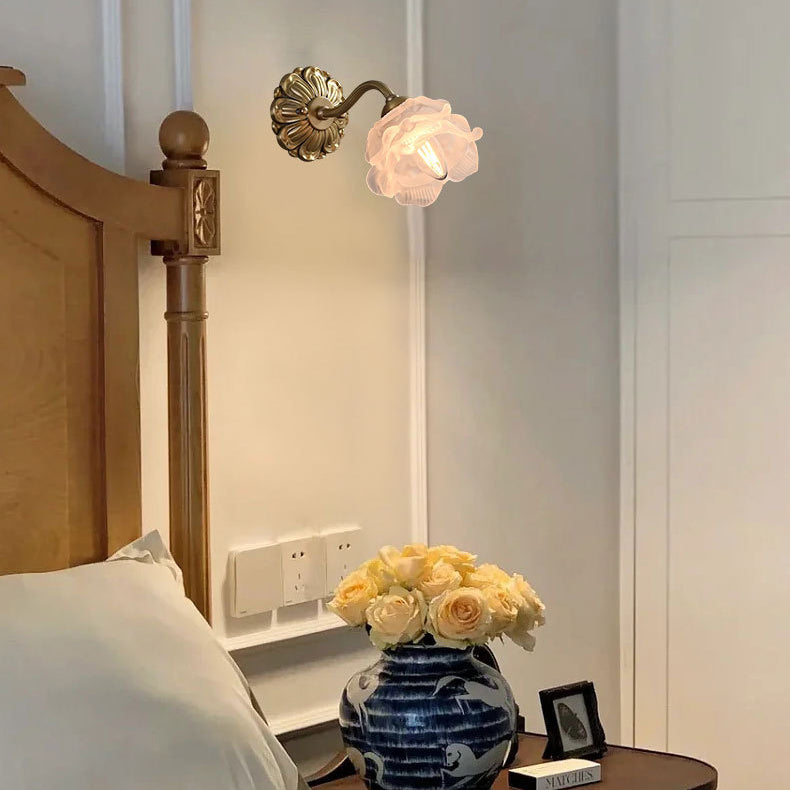 Applique murale 1-lumière en verre cuivré avec boule cylindrique fleur traditionnelle française pour chevet 
