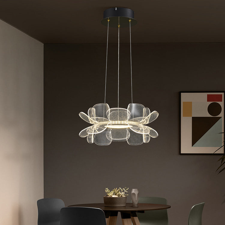 Moderne minimalistische runde Blume klares Metall Acryl LED Insel Licht Kronleuchter für Esszimmer 
