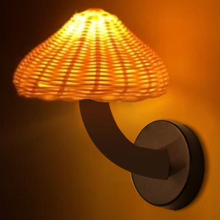 Applique murale 1 lumière en forme de champignon en fer et rotin japonais traditionnel pour chambre 