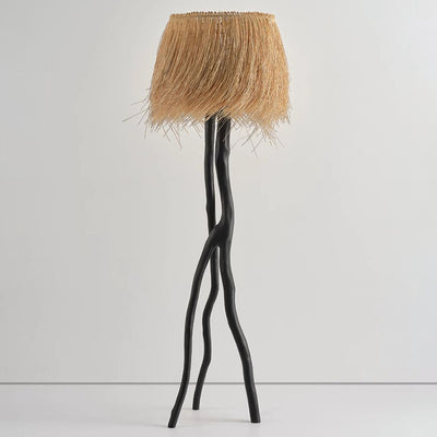 Lampe de sol 1 lumière avec base en résine de branche et abat-jour rond en tissage de bambou rustique traditionnel pour salles de divertissement 