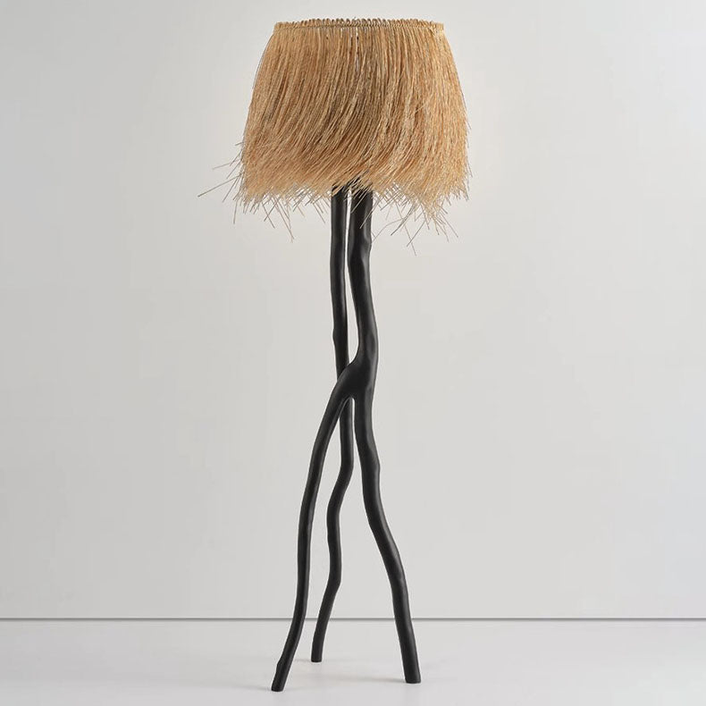 Lampe de sol 1 lumière avec base en résine de branche et abat-jour rond en tissage de bambou rustique traditionnel pour salles de divertissement 