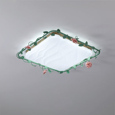 Contemporary Creative Round Square Rose Leaf Iron Rubberwood Acrylic LED Flush Mount Ceiling Light For Bedroom