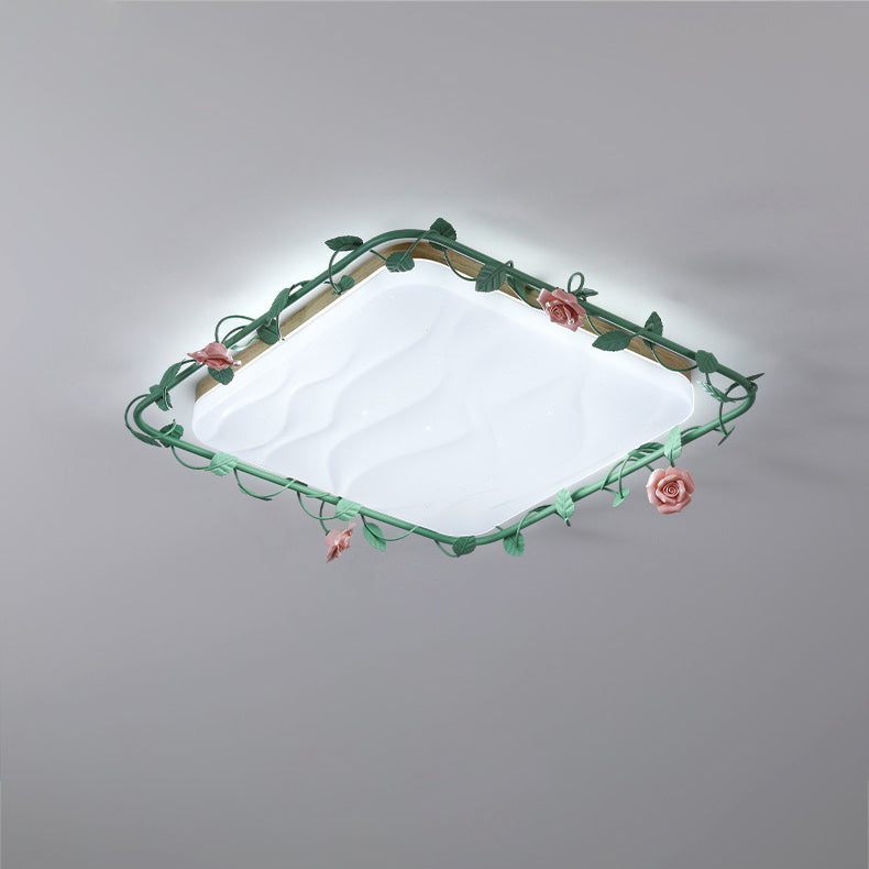 Contemporary Creative Round Square Rose Leaf Iron Rubberwood Acrylic LED Flush Mount Ceiling Light For Bedroom