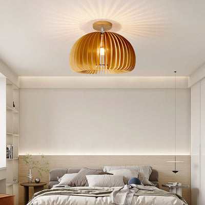 Contemporary Retro Wooden Pumpkin Shape 1-Light Semi-Flush Mount Ceiling Light For Bedroom