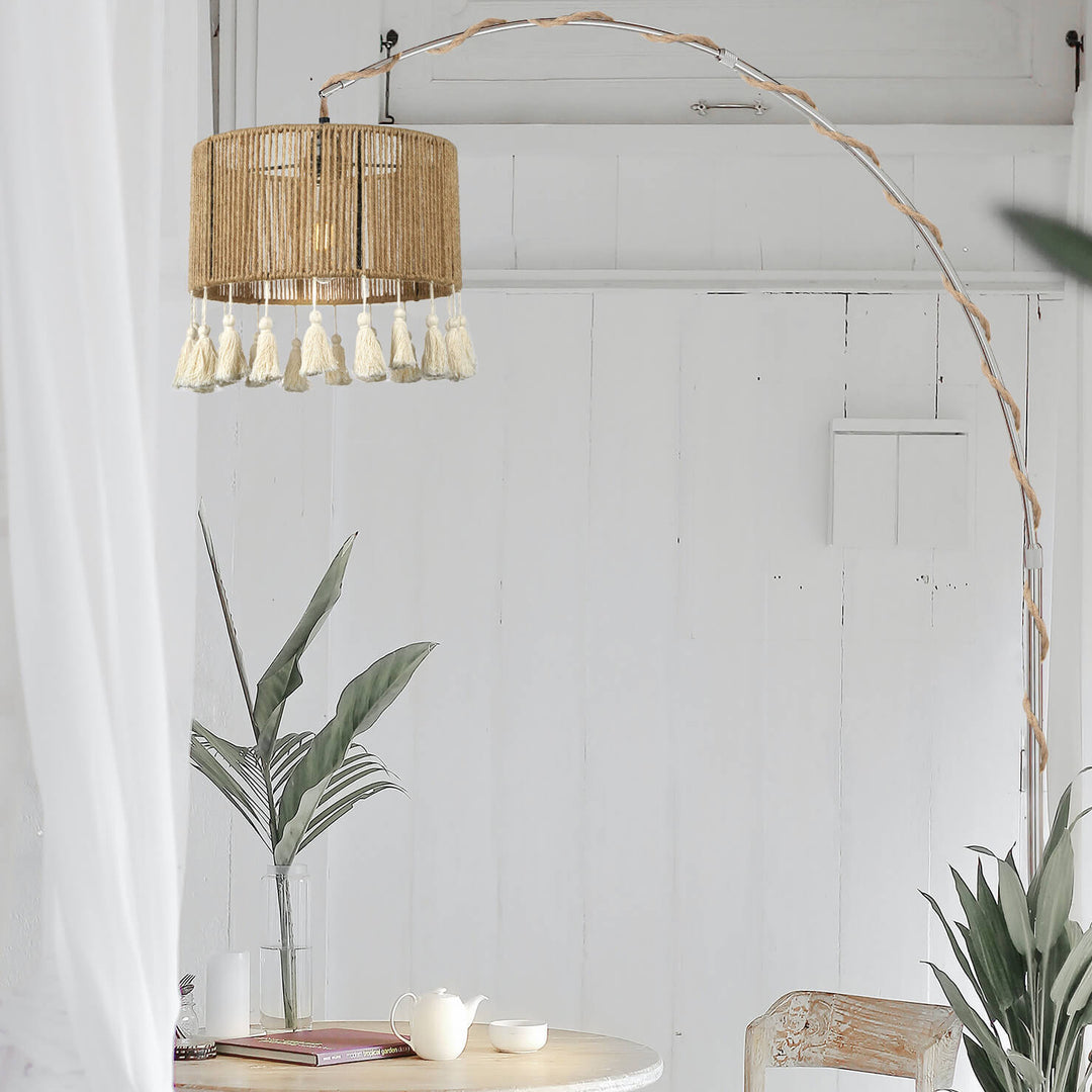 Contemporary Coastal Round Tassel Hemp Rope Rattan 1-Light Pendant Light For Bedroom