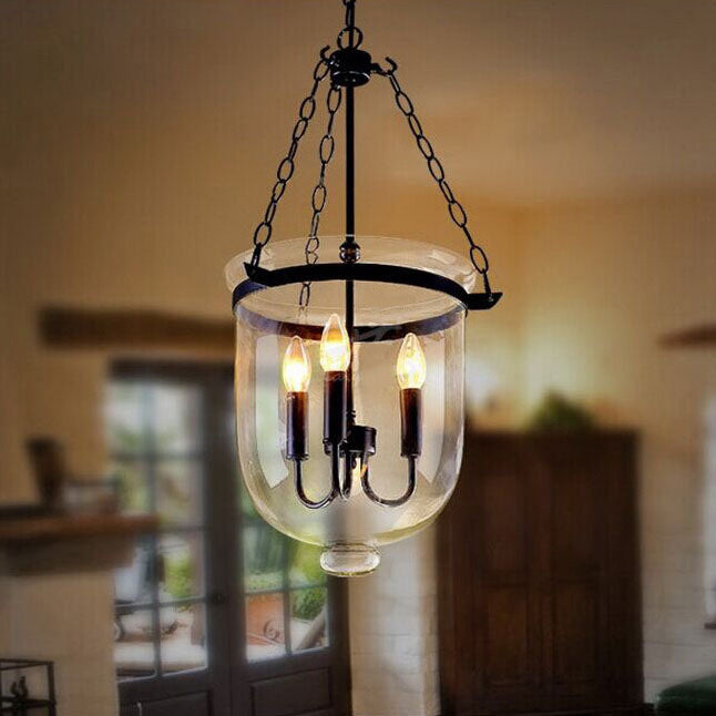 Chandelier 3 lumières en fer forgé rustique traditionnel avec seau en verre rond pour salon 