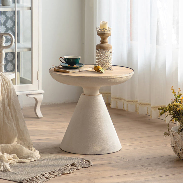Table basse ronde traditionnelle vintage en fer et bois avec plateau à densité pour salon 